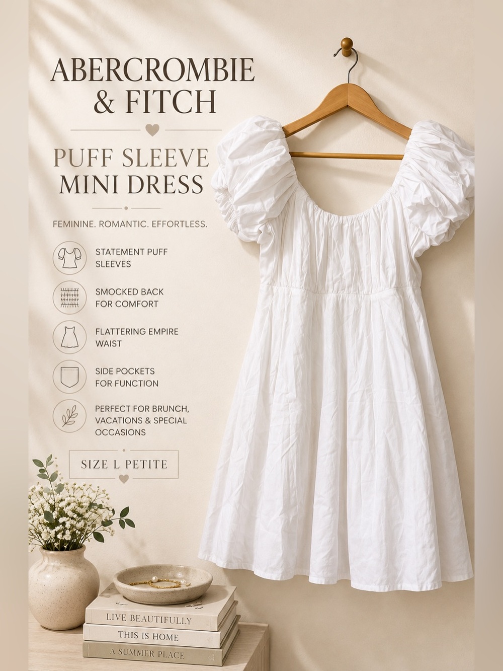 Abercrombie & Fitch White Puff Sleeve Mini Dress Size L Petite